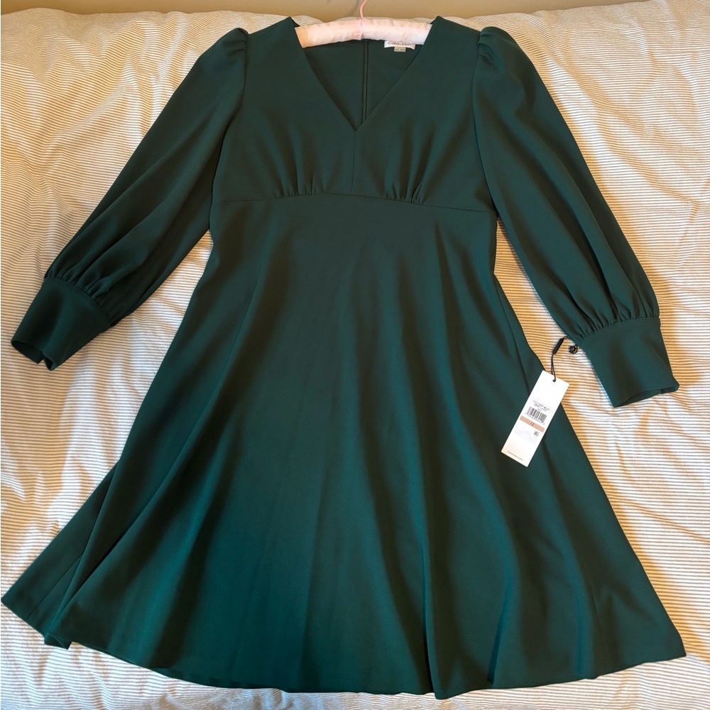 *New w/ Tags* Calvin Klein Forest Green Puffed Sleeve Fit + Flare Dress, Size 12